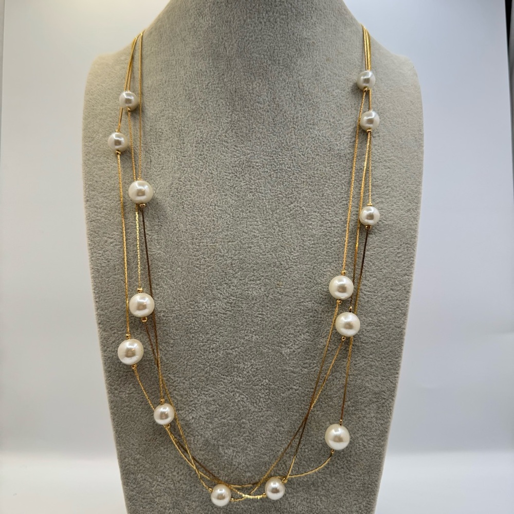 Multi-Strand Gold-Tone Faux Pearl Necklace Elegant Layered Statement
